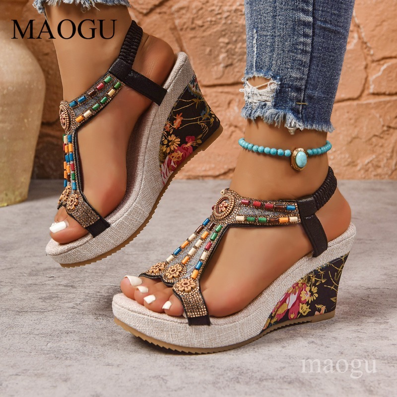 Boho Beaded Floral Wedge Sanda - Ethnic Modern Fashion 评论和价格