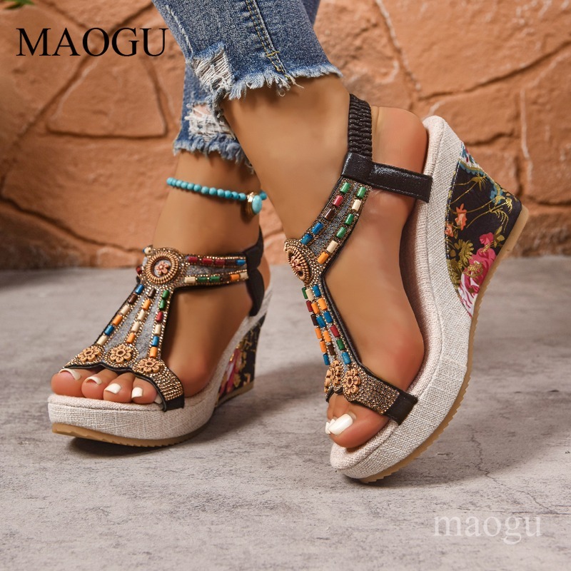 Boho Beaded Floral Wedge Sanda - Ethnic Modern Fashion 评论和价格